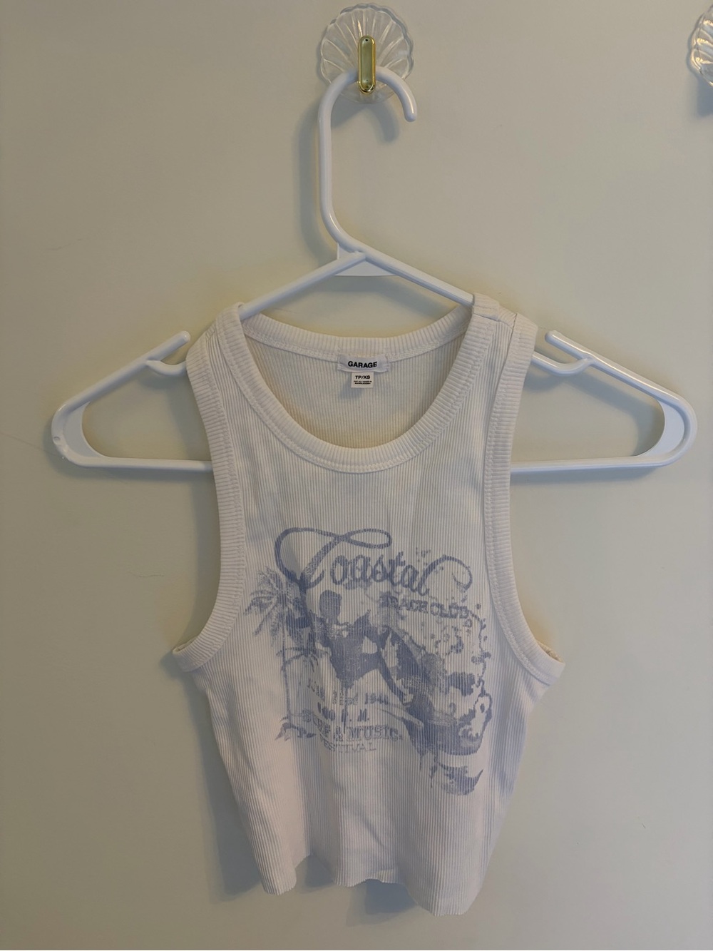 Garage White Ribbed Tank with Blue Graphic